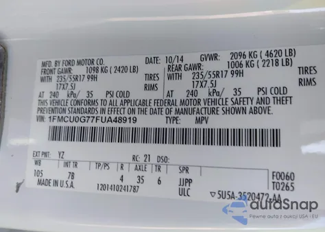 2015 Ford Escape Se from USA, damaged, VIN 1FMCU0G77FUA48919